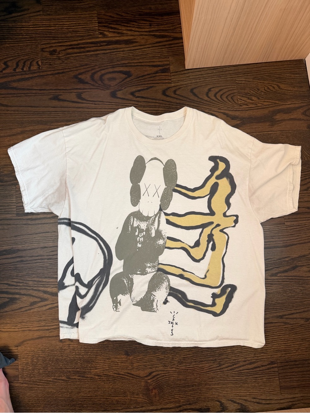 Cactus Jack KAWS x Travis Scott White Tee with Yellow & Gray Print